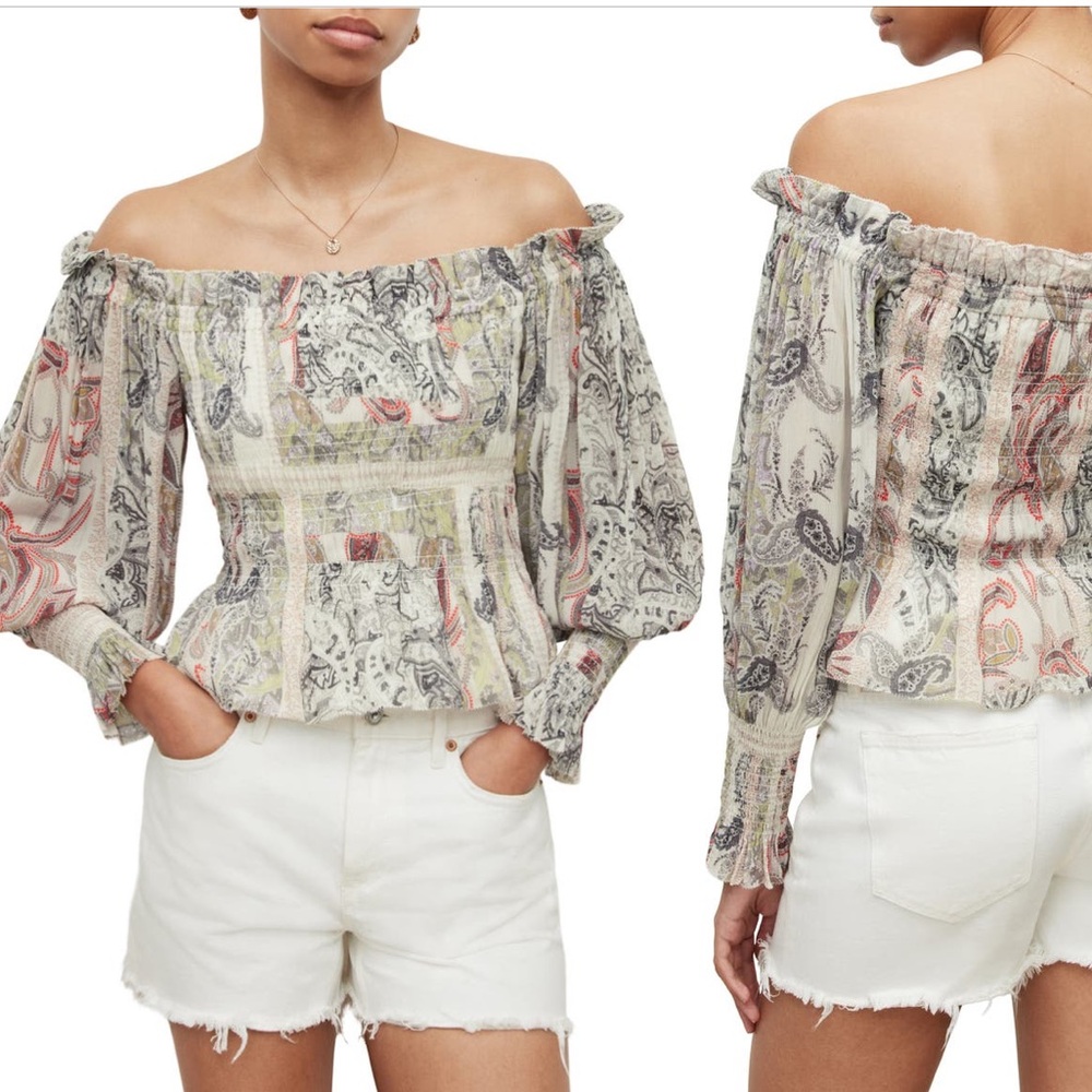 NWT ALL SAINTS LARA MAKUTU OFF THE SHOULDER SMOCKED BOHO TOP